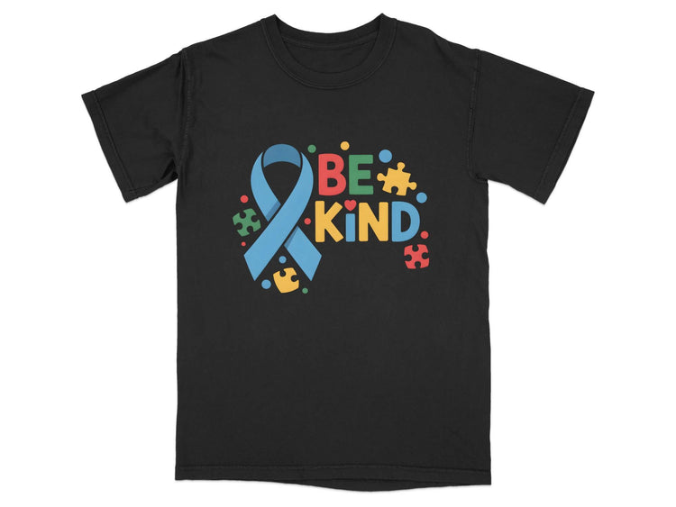 Black t-shirt with colorful puzzle pieces and text "BE KIND."