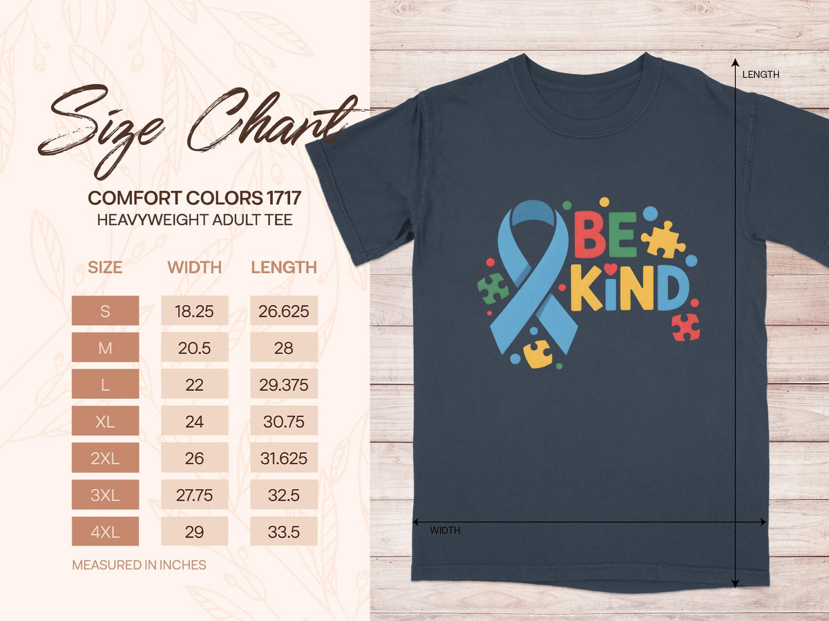 Comfort Colors 1717 size chart showing measurements for a heavyweight adult tee.