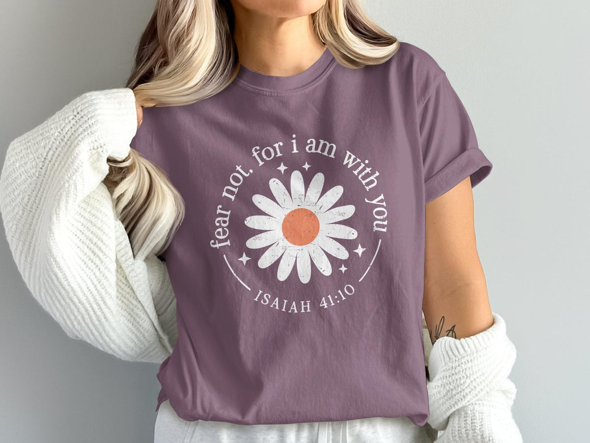 Purple t-shirt with white daisy graphic and text Isaiah 41:10