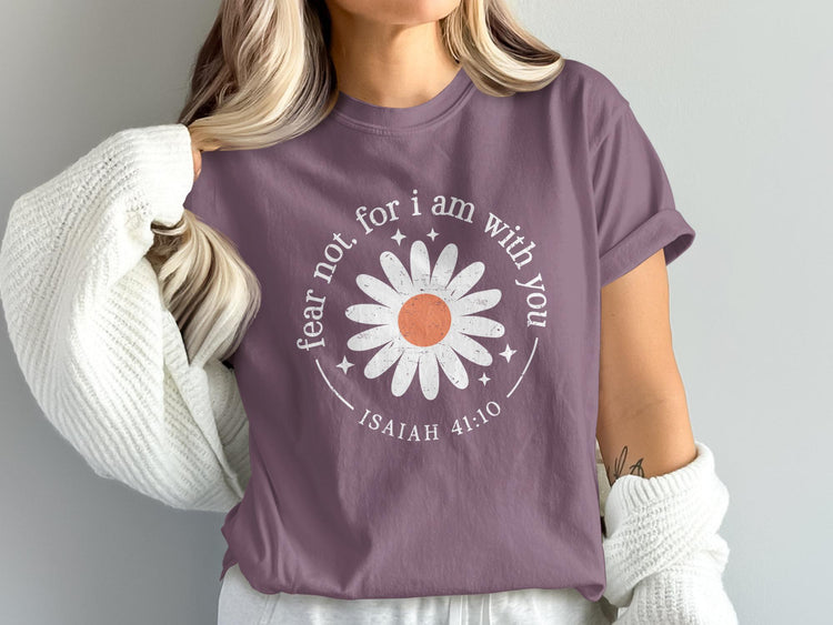 Purple t-shirt with white daisy graphic and text Isaiah 41:10