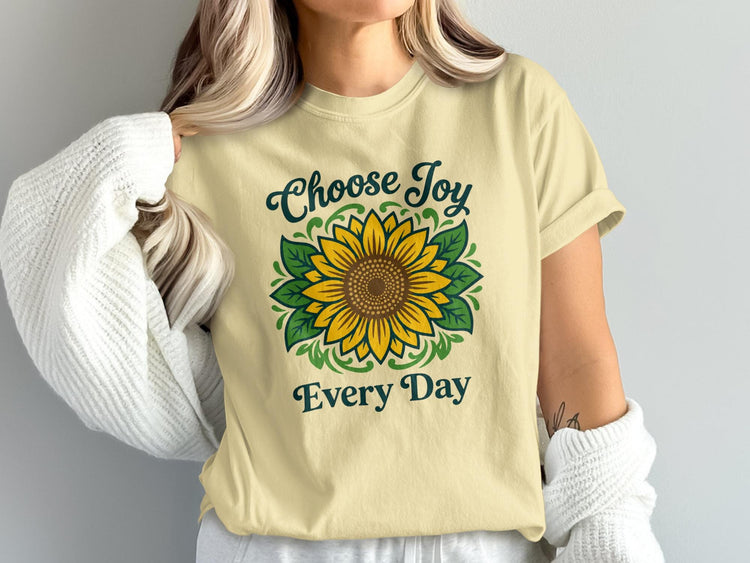Light yellow t-shirt with "Choose Joy Every Day" and a sunflower graphic.