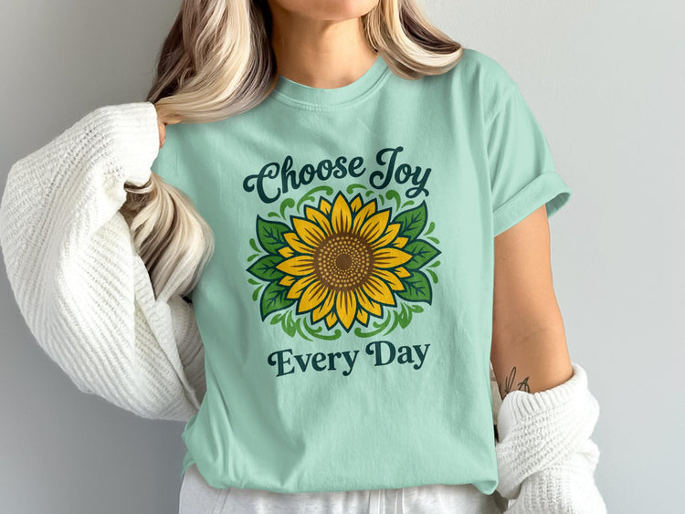 Light blue t-shirt with "Choose Joy" and a sunflower graphic.
