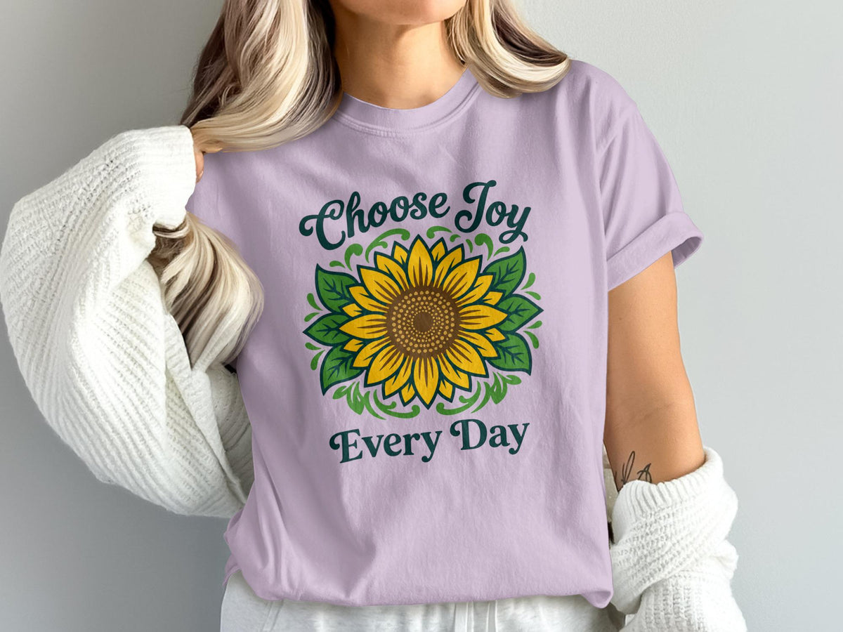 Light lavender t-shirt with a sunflower graphic and text "Choose Joy Every Day".