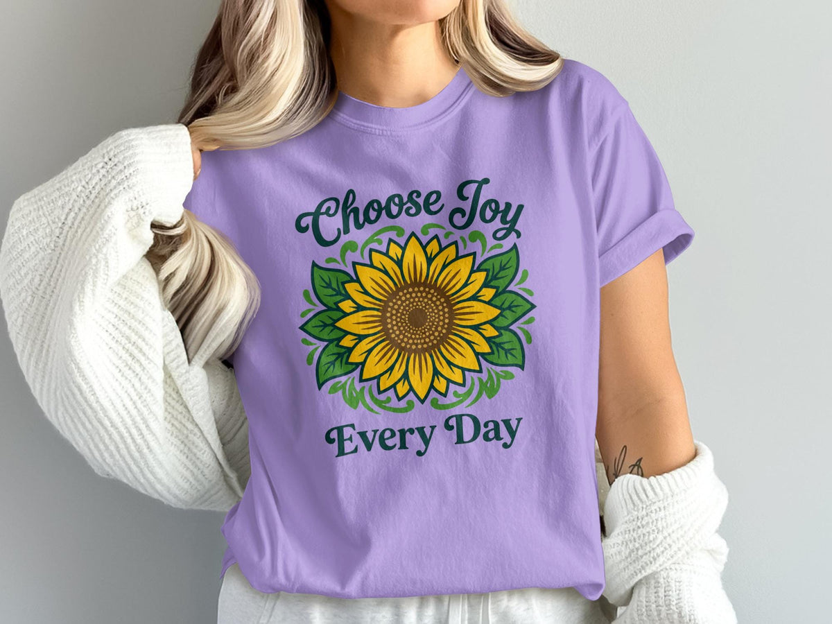 Purple t-shirt with "Choose Joy Every Day" and a sunflower graphic.