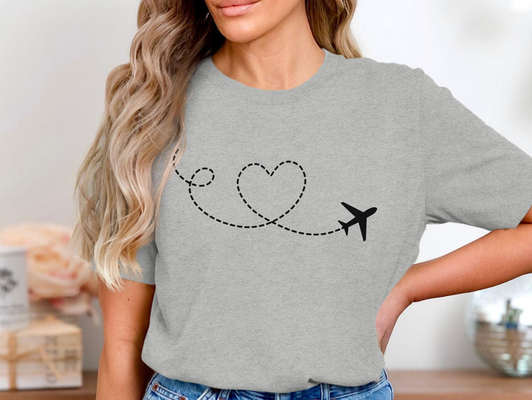Gray t-shirt with black airplane and dotted heart trail graphic.