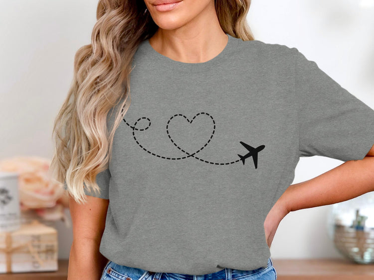 Grey t-shirt with black airplane and dashed heart path design.