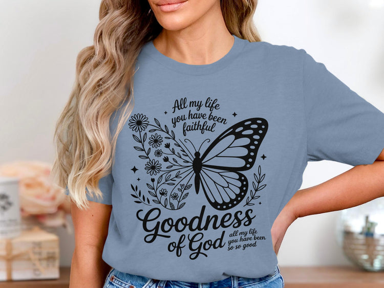 T-shirt with butterfly and floral graphic with text "Goodness of God".
