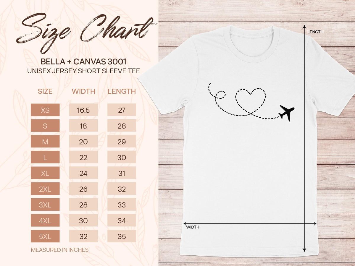 Bella + Canvas 3001 unisex tee size chart with width and length measurements in inches.