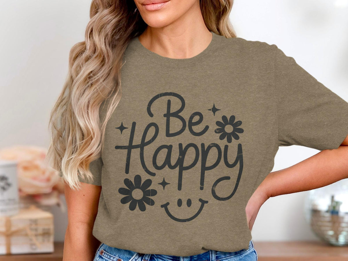 T-shirt with "Be Happy" text and smiley face graphic.