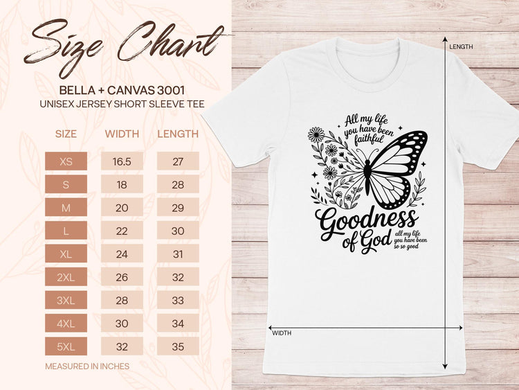 Bella + Canvas 3001 size chart with a white t-shirt featuring butterfly and floral graphic.
