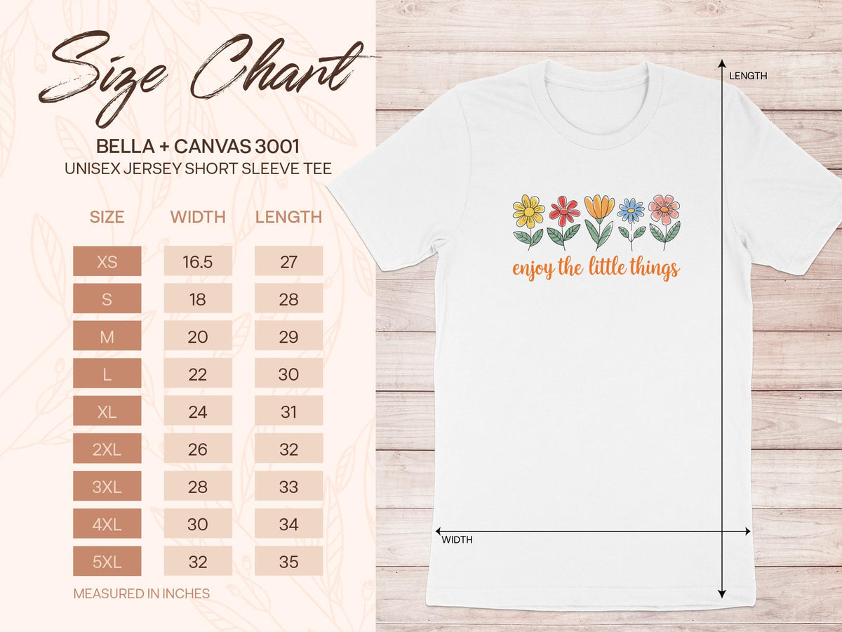 BELLA + CANVAS 3001 unisex jersey tee size chart with width and length measurements.