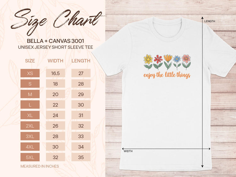 BELLA + CANVAS 3001 unisex jersey tee size chart with width and length measurements.