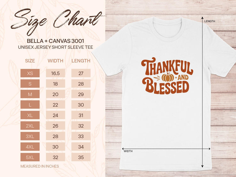 Bella + Canvas 3001 size chart showing measurements for unisex jersey short sleeve tees.