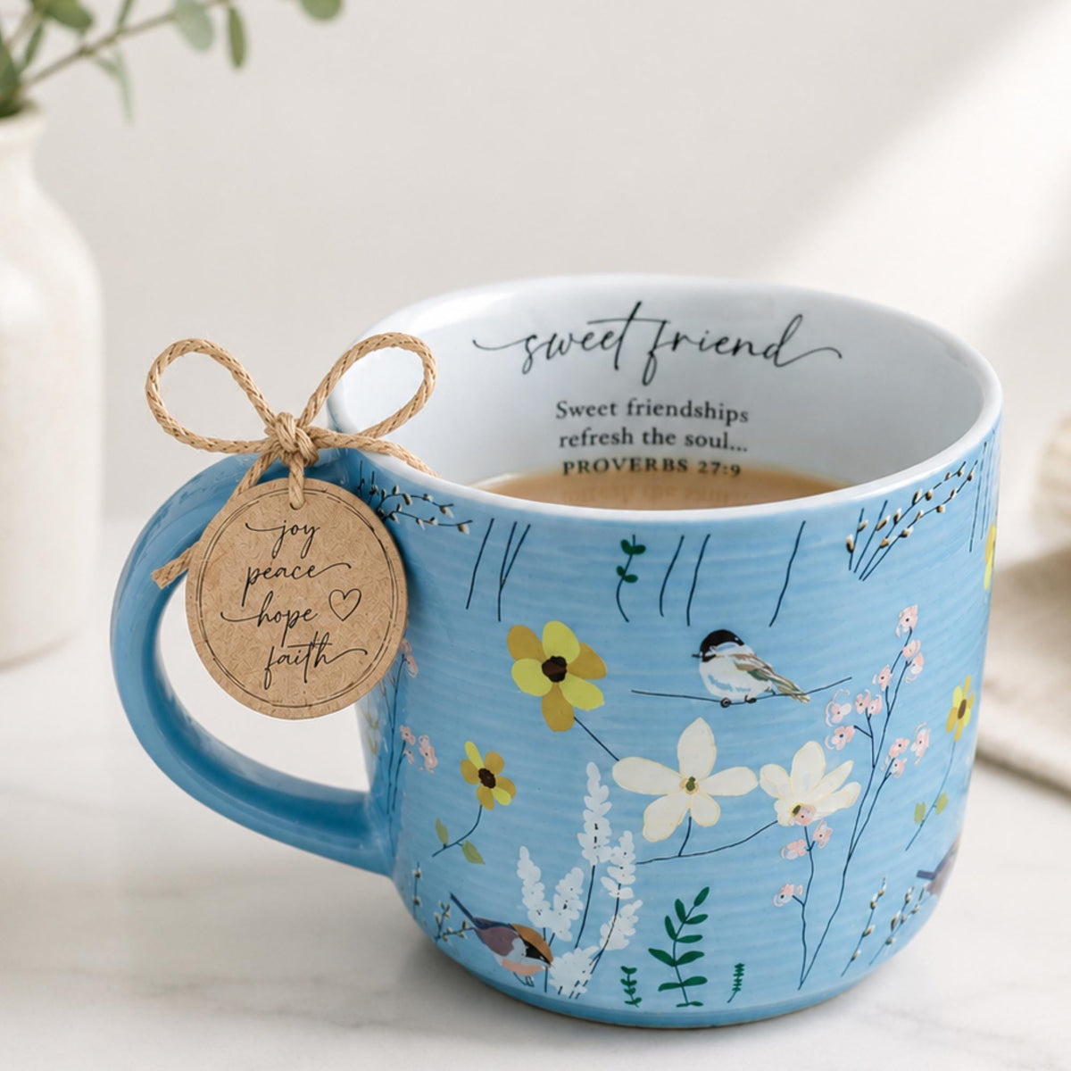 Sweet Friend Mug | Blue Floral Bird Proverbs 27:9 Christian Coffee Cup