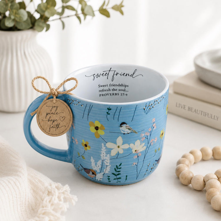Sweet Friend Mug | Blue Floral Bird Proverbs 27:9 Christian Coffee Cup