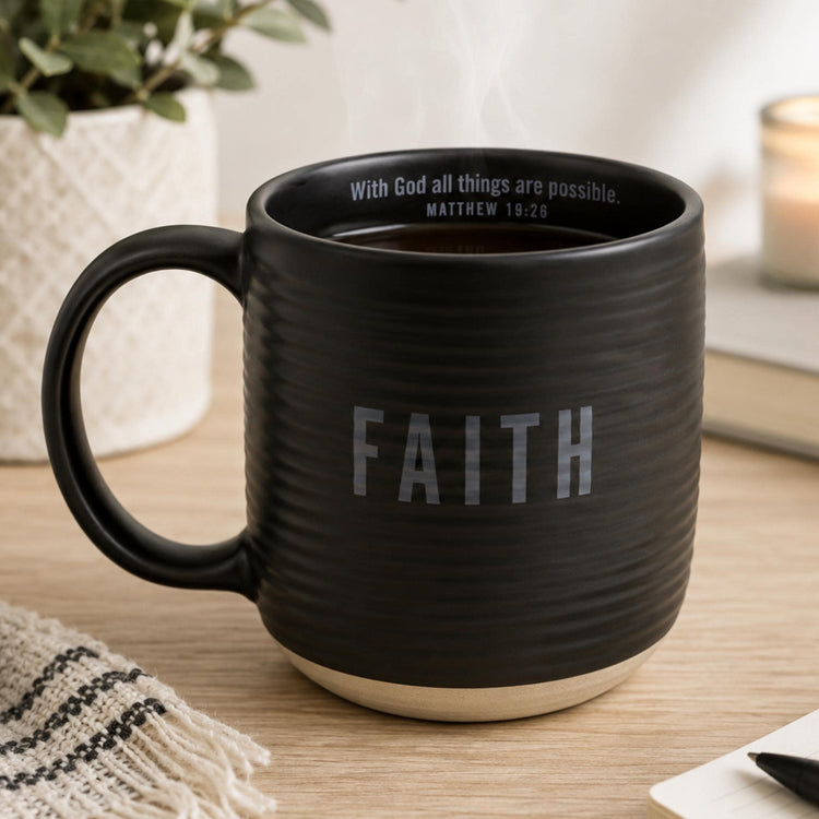 Matte Black Ceramic Faith Mug, Matthew 19:26 With God All Things Are Possible