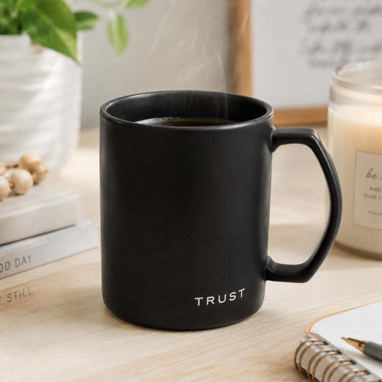Matte Black Ceramic Mug, Proverbs 3:5-6 Faith Coffee Cup