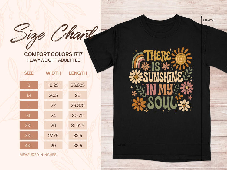 Size chart for Comfort Colors 1717 heavyweight adult tee with "There is sunshine in my soul" graphic.