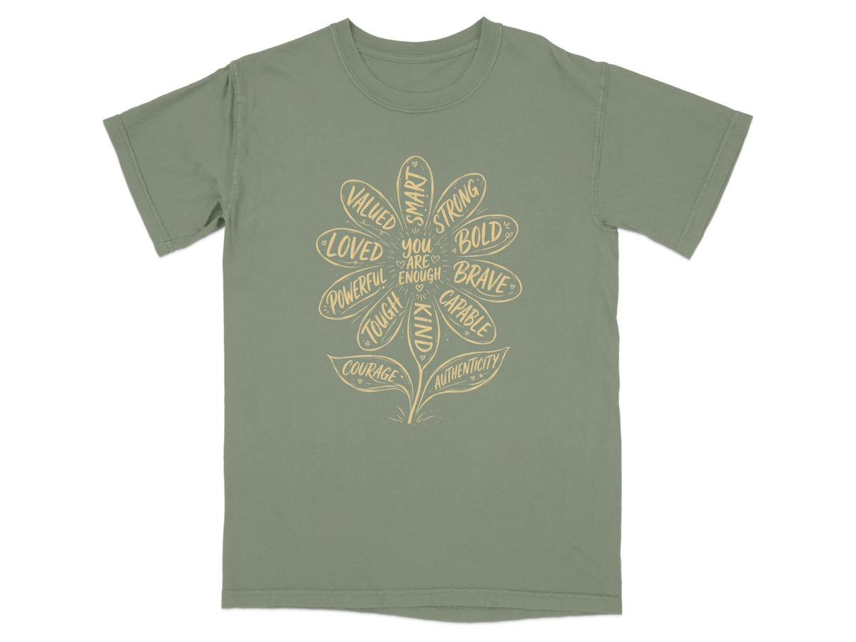 Green t-shirt with flower graphic listing positive affirmations.