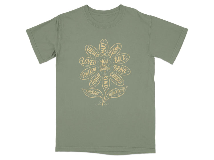 Green t-shirt with flower graphic listing positive affirmations.