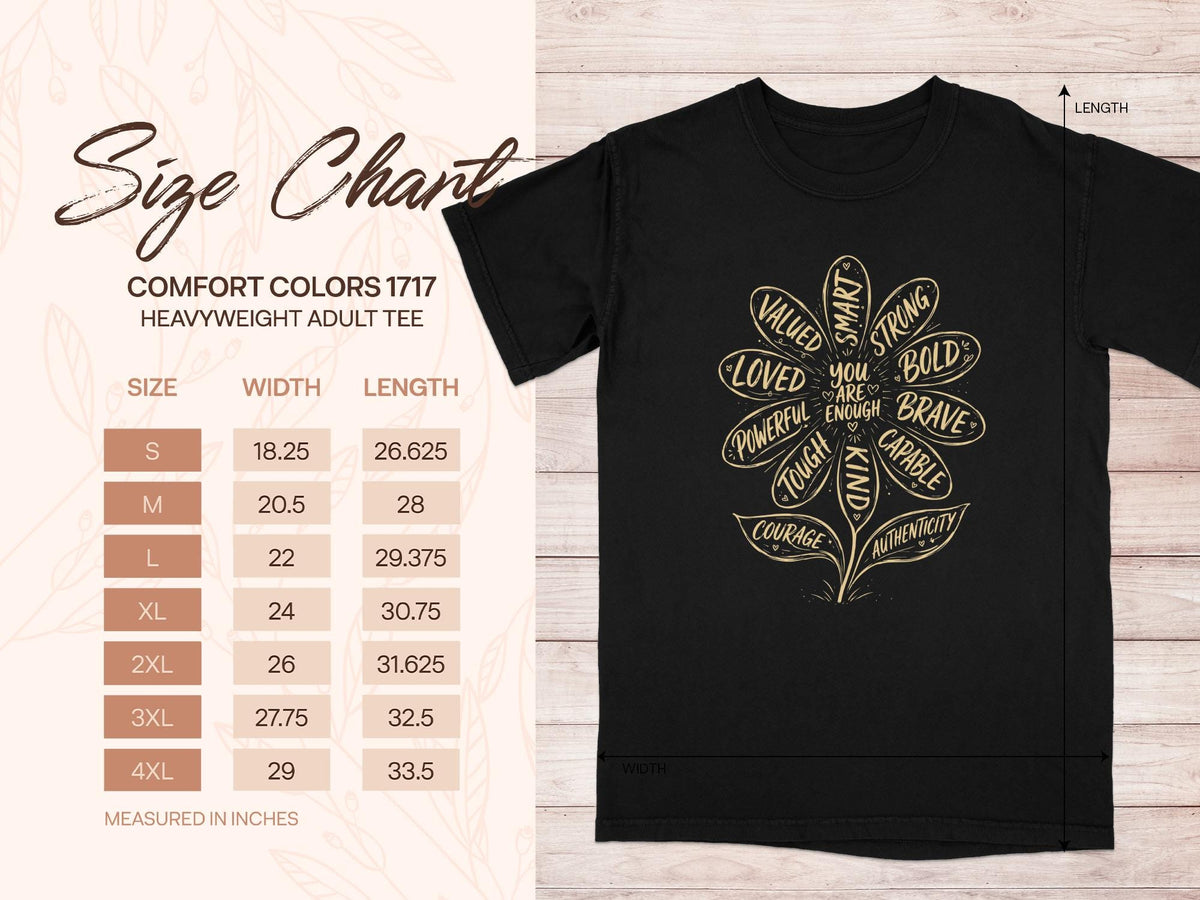 Black t-shirt with flower graphic and size chart displaying shirt dimensions in inches.