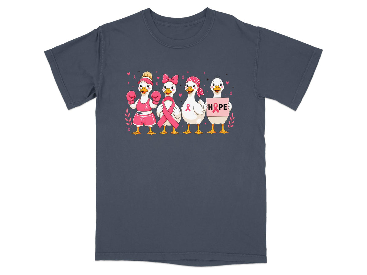 Four ducks in pink, one with boxing gloves, holding a "HOPE" sign.