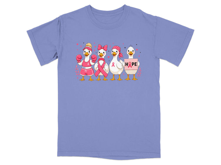 Four ducks in pink boxing gear, ribbons, and headbands, one holding a HOPE sign.