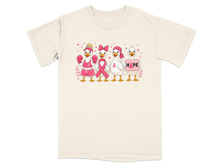 Four cartoon ducks are shown in pink attire, with one holding a sign that reads "HOPE."
