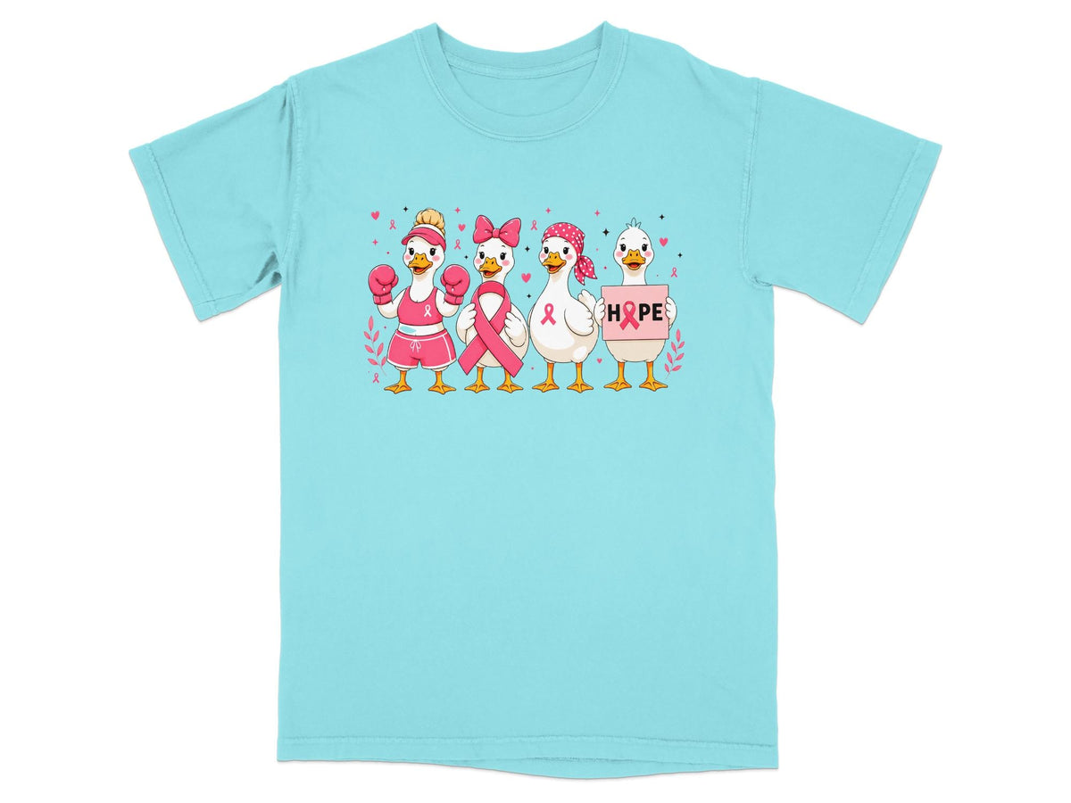 Cute ducks in boxing gear and with ribbons hold a sign that says "HOPE."
