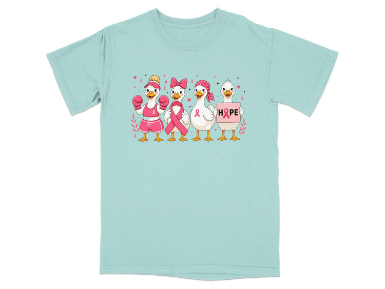 Four ducks wearing pink boxing gloves, ribbon, and bandanas, holding a "HOPE" sign.