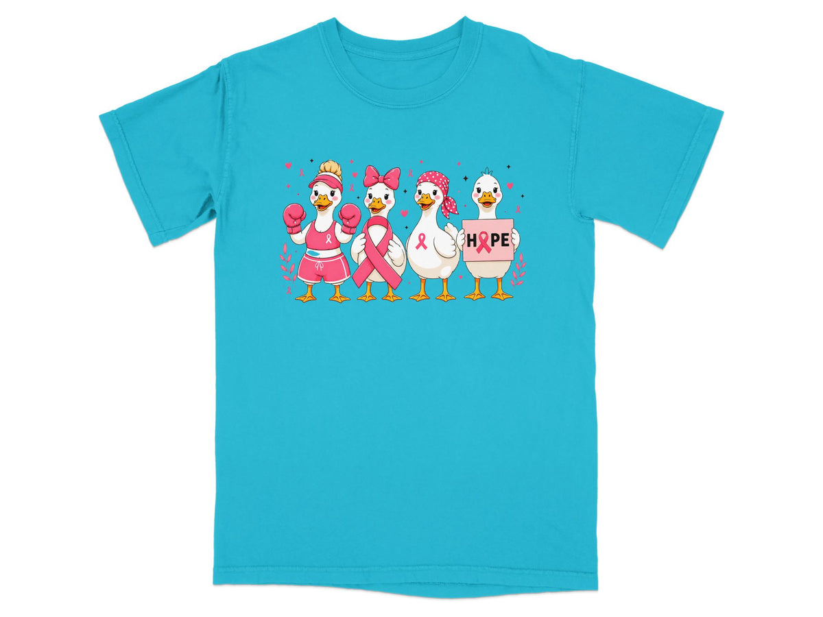 Four cartoon ducks in pink attire hold breast cancer awareness ribbons and a sign reading "HOPE."