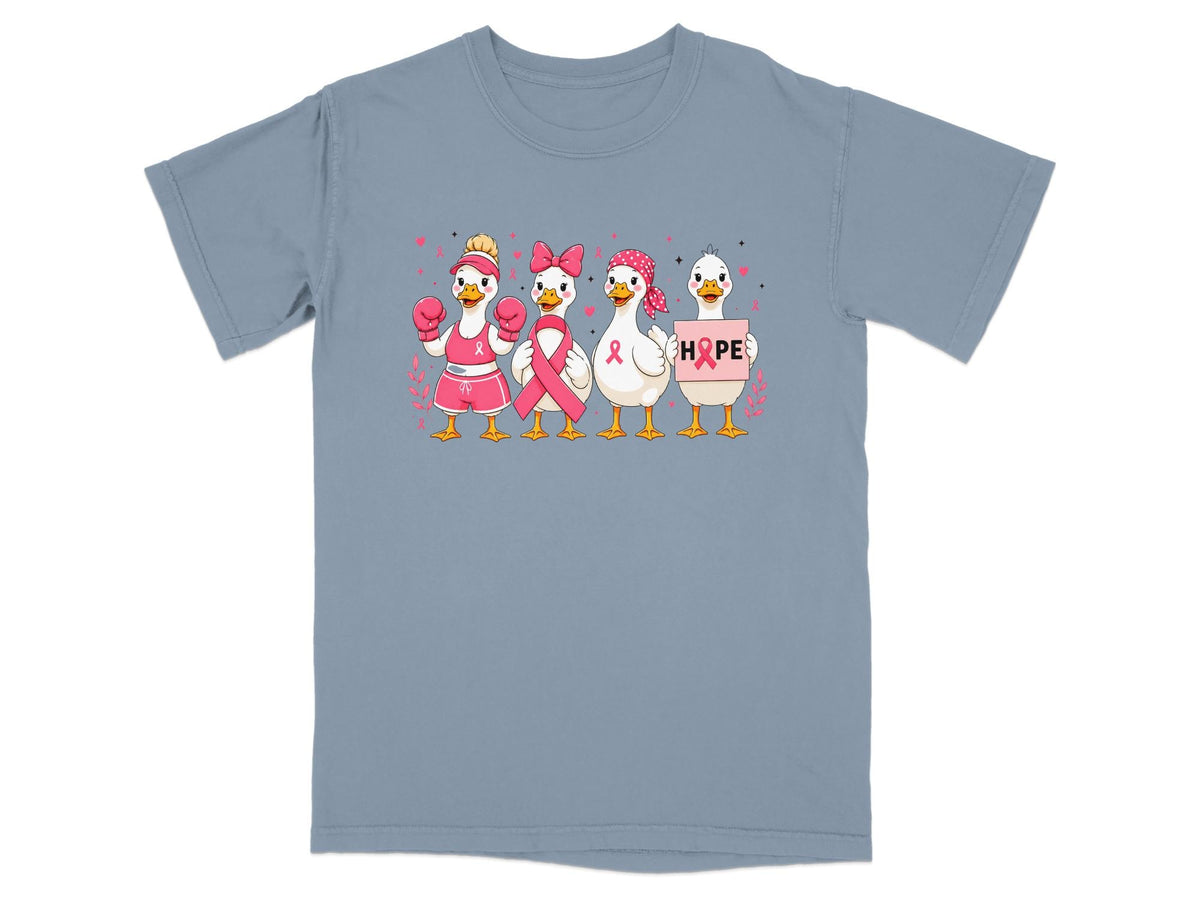 Four cartoon ducks wearing pink accessories and ribbons, one holds a sign with "HOPE."