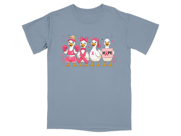 Four cartoon ducks wearing pink accessories and ribbons, one holds a sign with "HOPE."