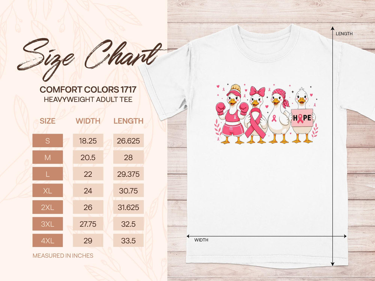 Comfort Colors 1717 size chart with ducks wearing pink ribbons and a duck holding a "HOPE" sign.