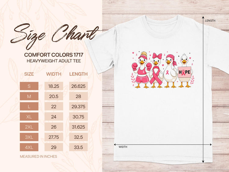 Comfort Colors 1717 size chart with ducks wearing pink ribbons and a duck holding a "HOPE" sign.