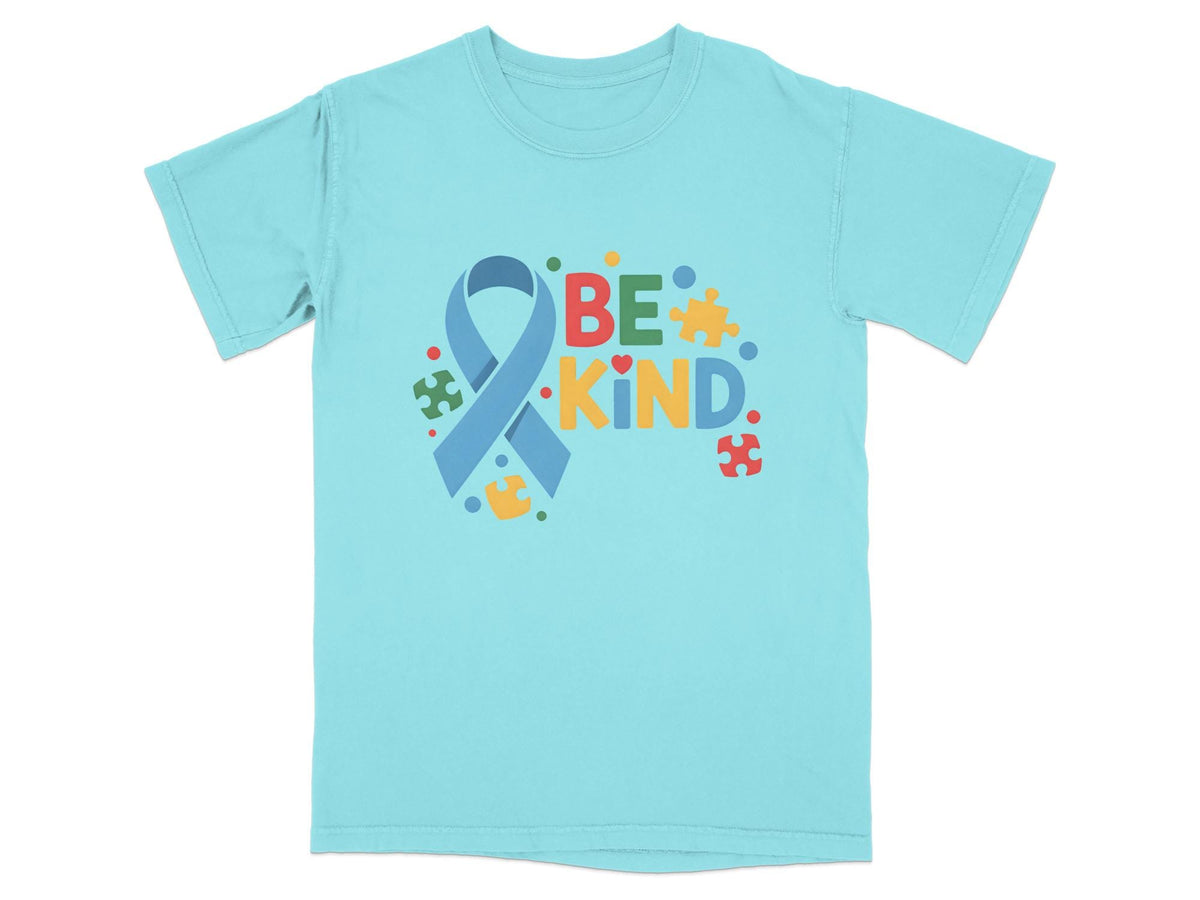 Aqua t-shirt with text "BE KIND" and autism awareness ribbon.