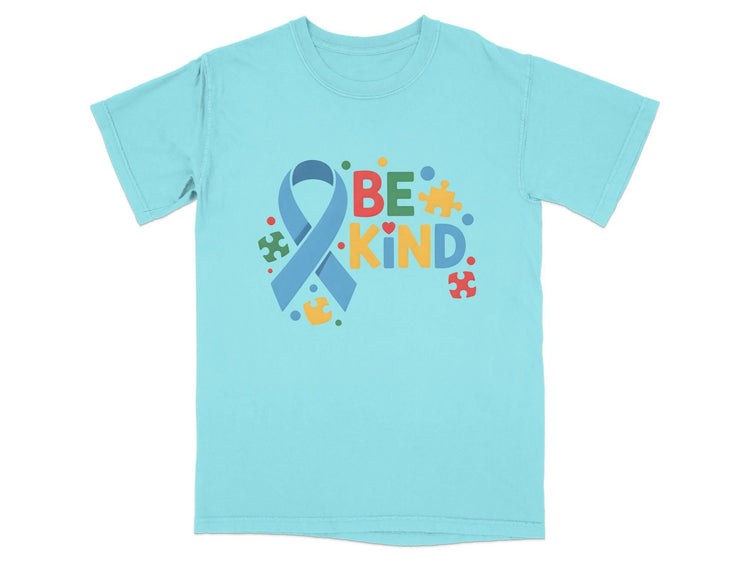Aqua t-shirt with text "BE KIND" and autism awareness ribbon.