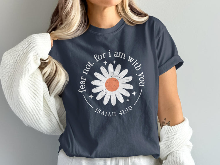 Dark blue t-shirt with white daisy graphic and text Isaiah 41:10.