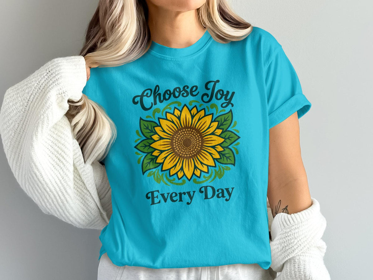 Blue t-shirt with "Choose Joy Every Day" and a sunflower design.
