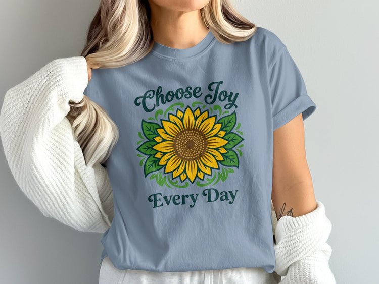 Blue t-shirt with "Choose Joy Every Day" and sunflower graphic.