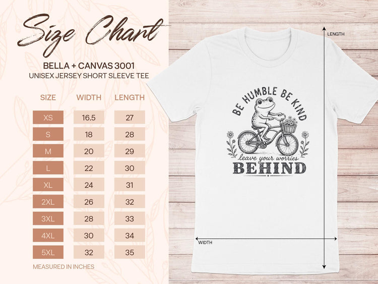 Size chart for Bella + Canvas 3001 unisex tee with frog on bicycle graphic.