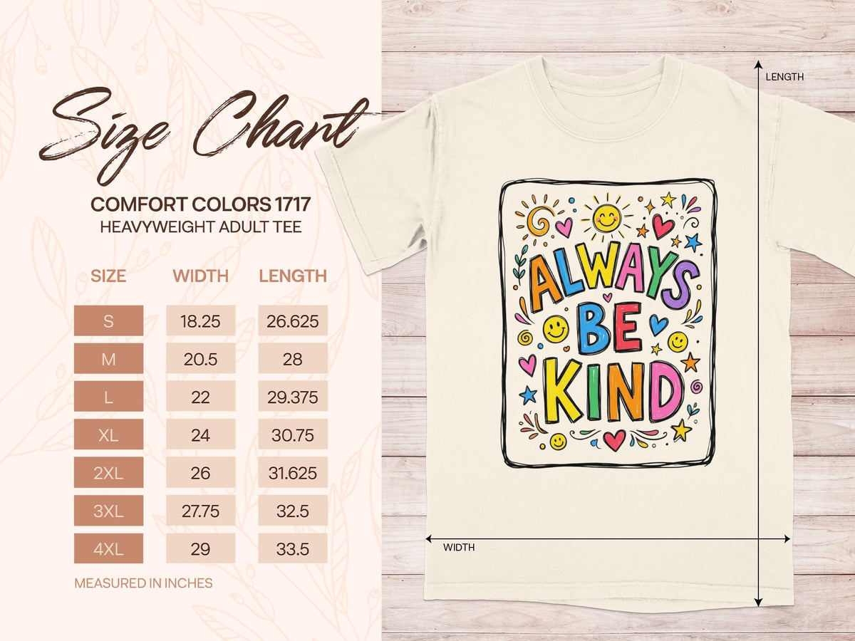 Comfort Colors 1717 size chart for heavyweight adult tee.