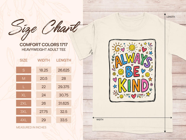 Comfort Colors 1717 size chart for heavyweight adult tee.