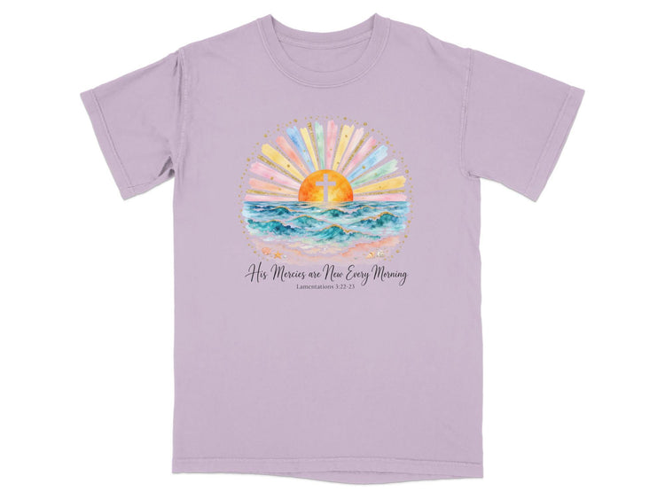 Purple t-shirt with a sunset over the ocean and Christian text.