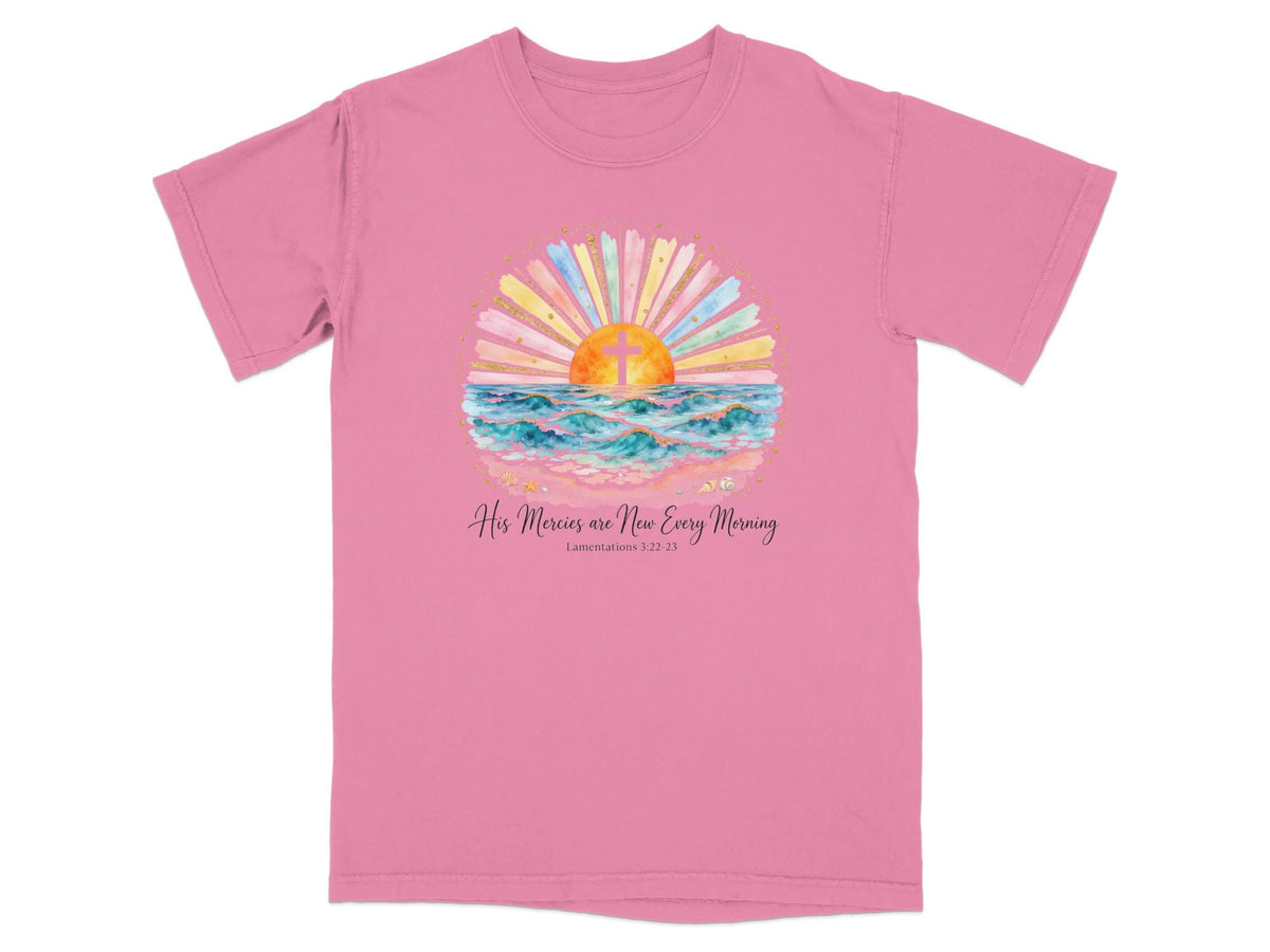 Pink t-shirt with sunrise, ocean, cross, and bible verse.