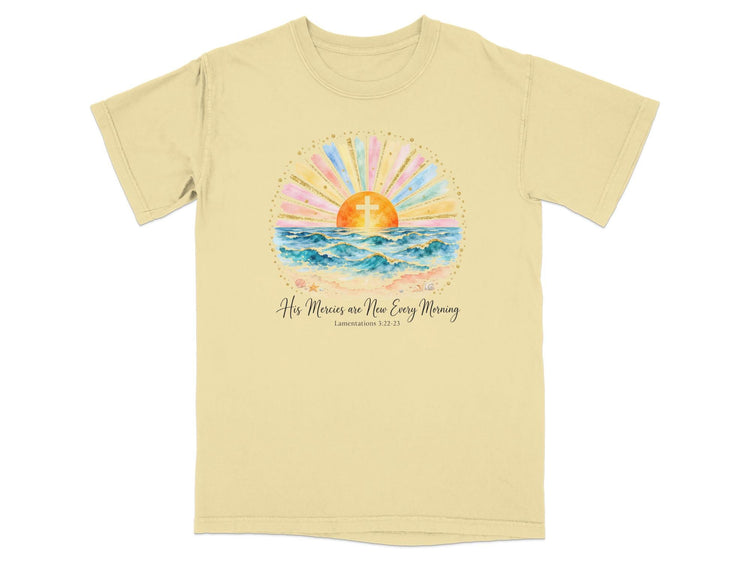 Light yellow t-shirt with a watercolor beach sunrise graphic and biblical text.