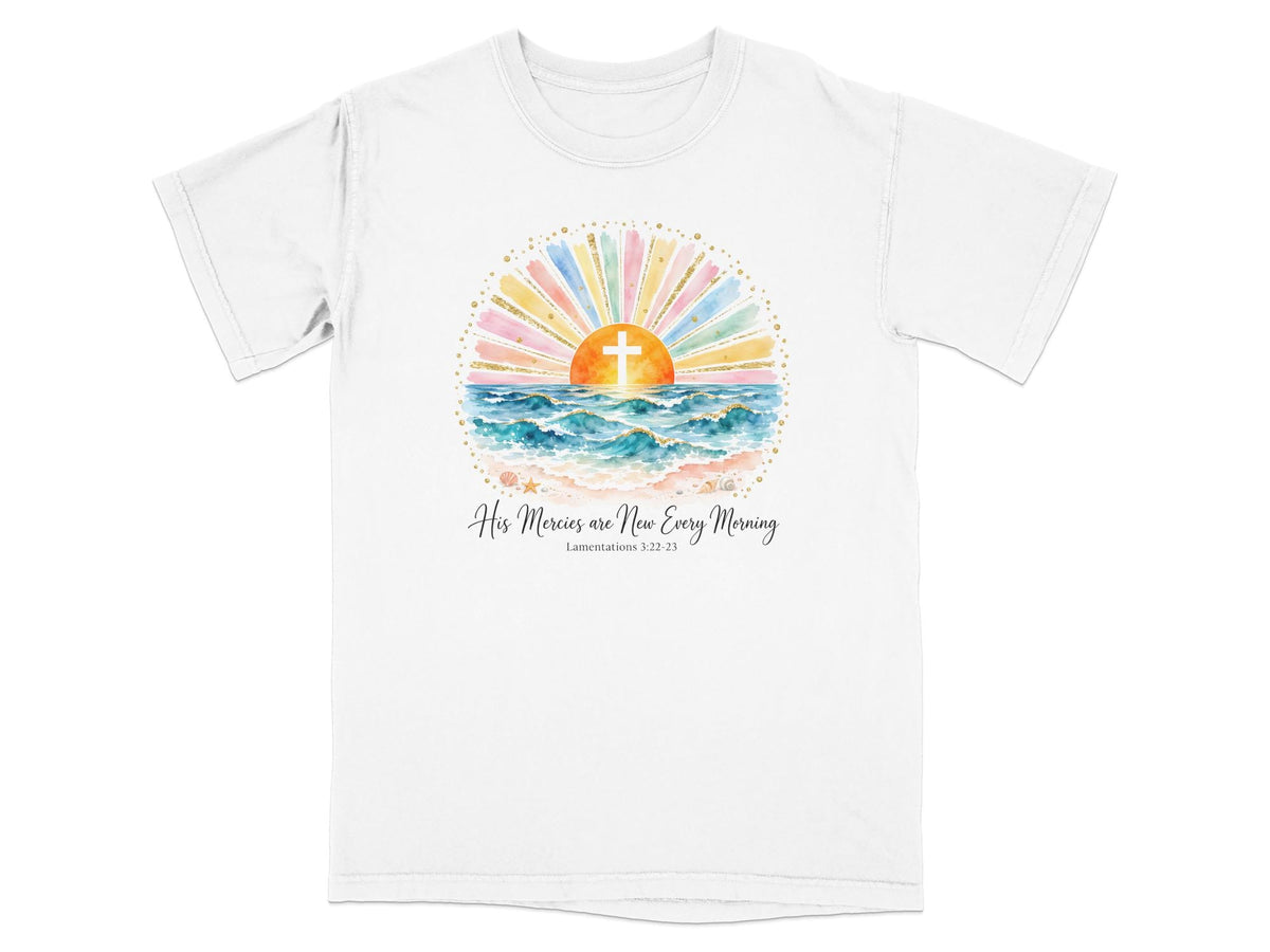 White t-shirt with watercolor art of a cross rising over the ocean and text.