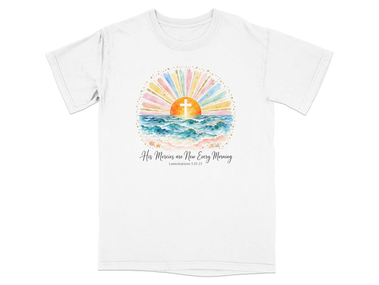 White t-shirt with watercolor art of a cross rising over the ocean and text.