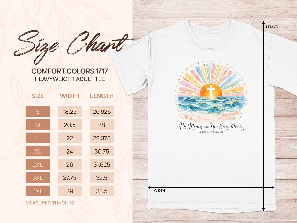 Comfort Colors 1717 heavyweight adult tee size chart with width and length measurements.