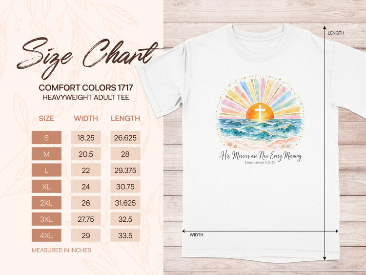 Comfort Colors 1717 heavyweight adult tee size chart with width and length measurements.